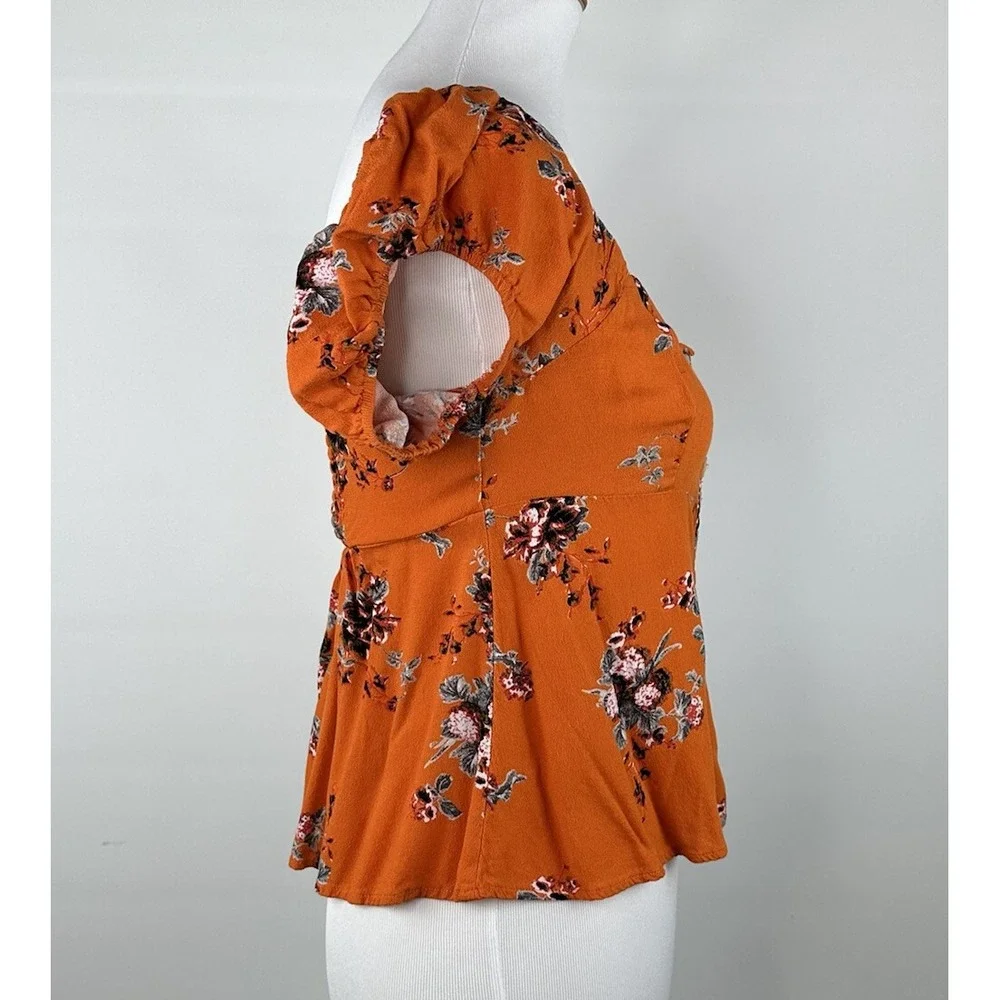 Free‎ People Medium Orange Floral Close To You Smocked Button Rayon SS Crop Top